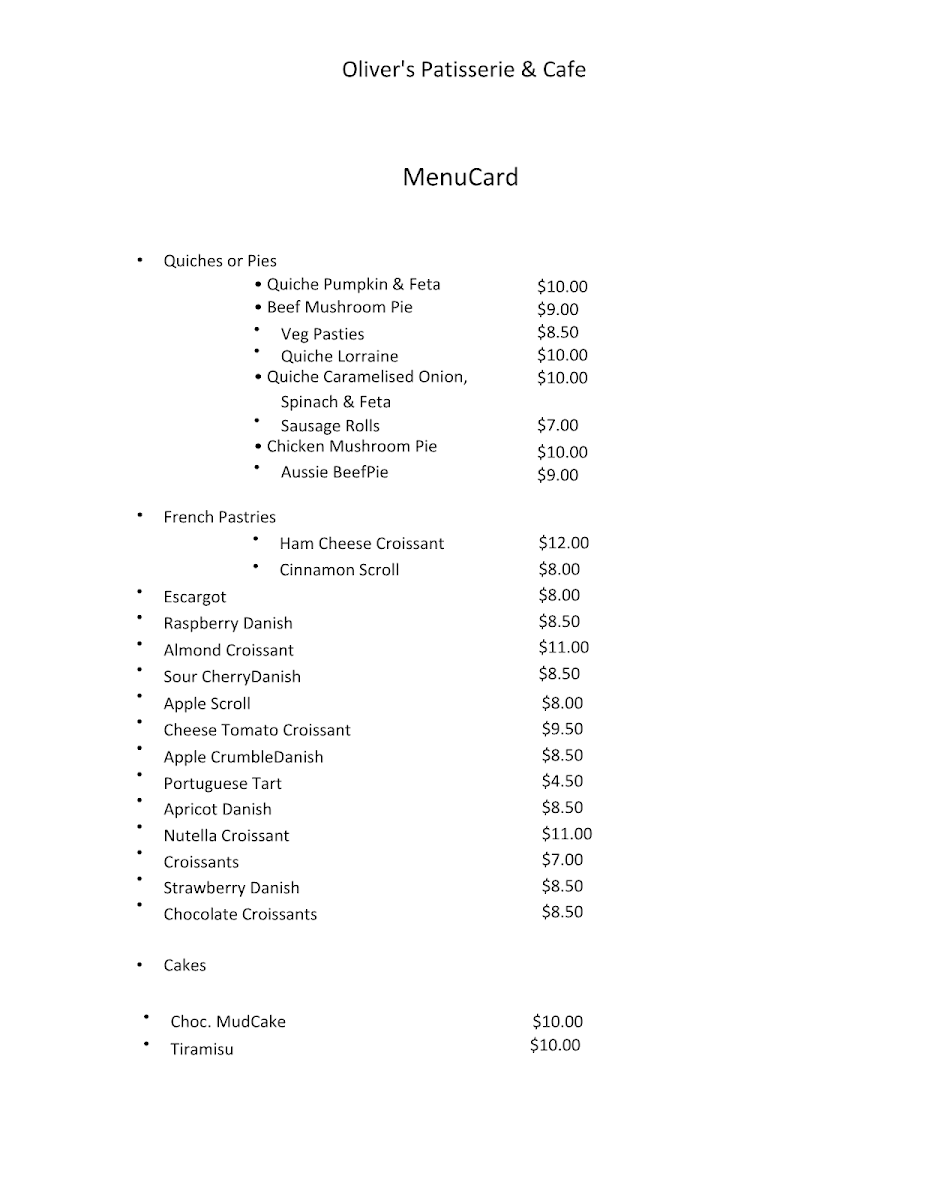 Menu, Oliver's Patisserie & Cafe