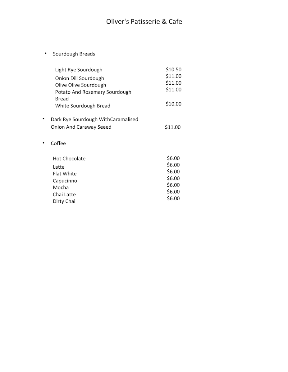 Menu, Oliver's Patisserie & Cafe