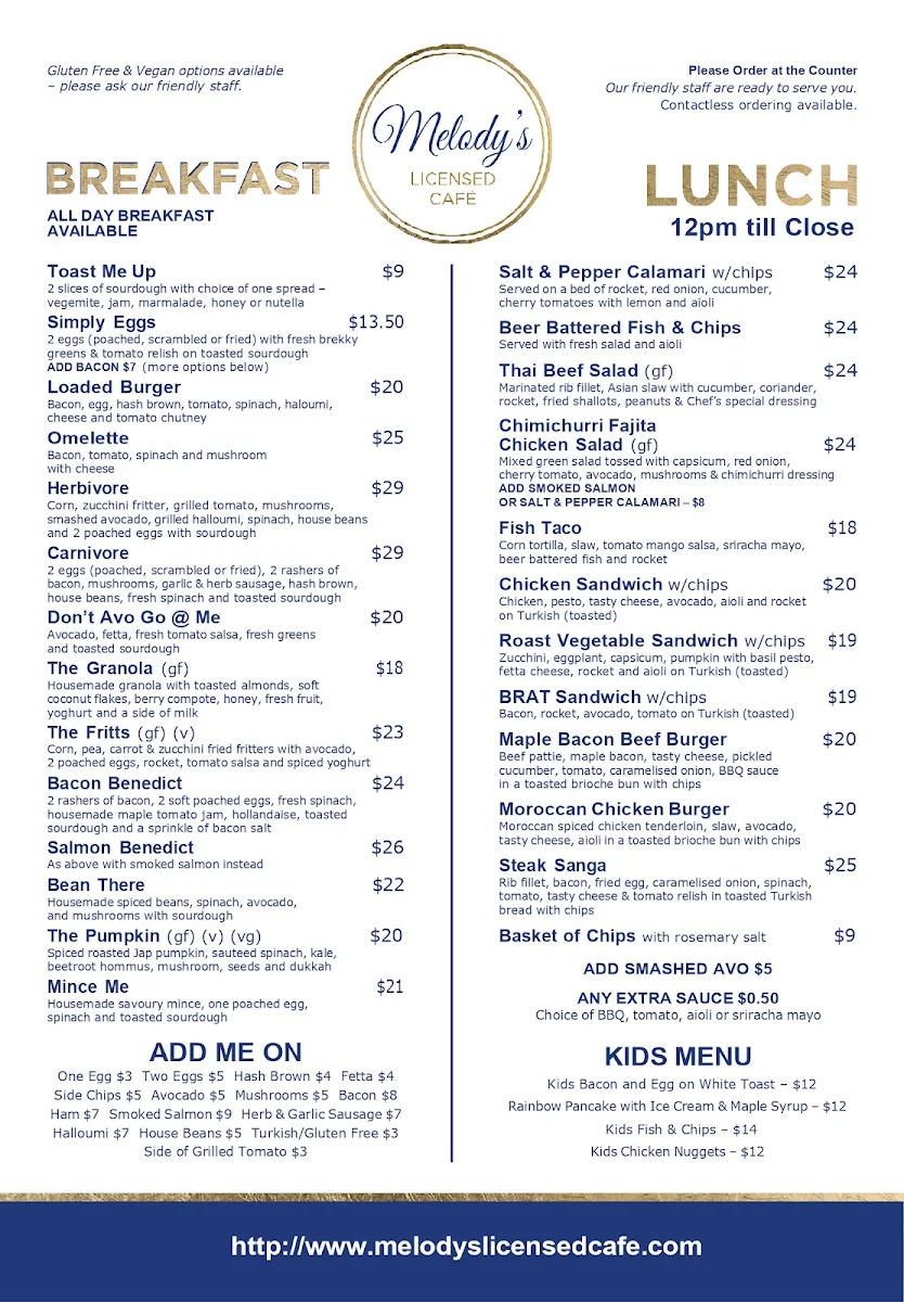 Menu, Melody’s licensed cafe