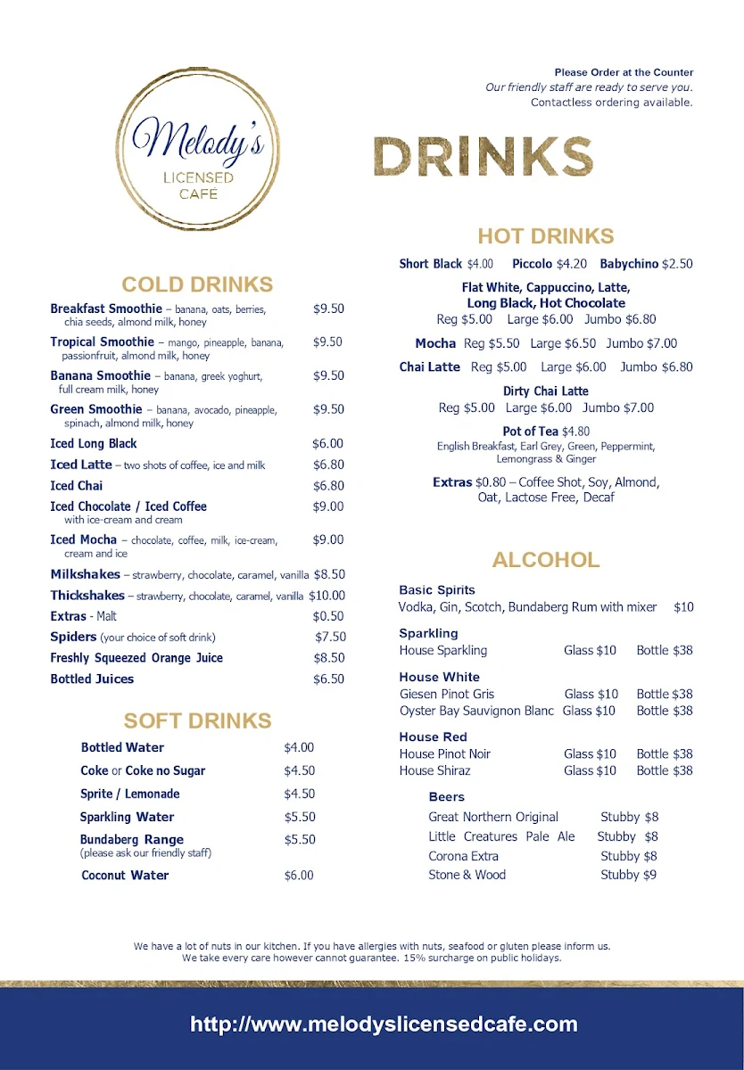 Menu, Melody’s licensed cafe