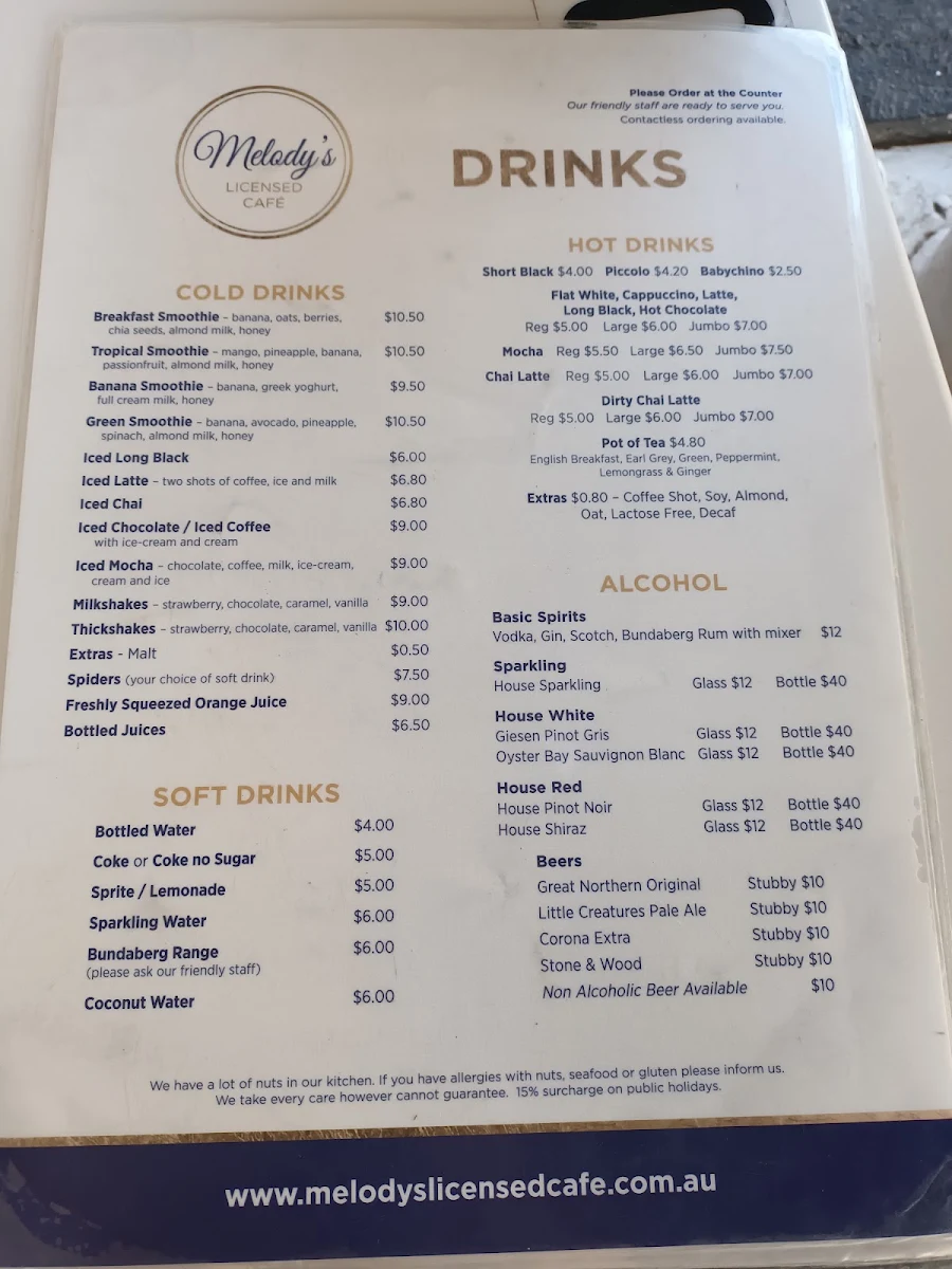 Menu, Melody’s licensed cafe