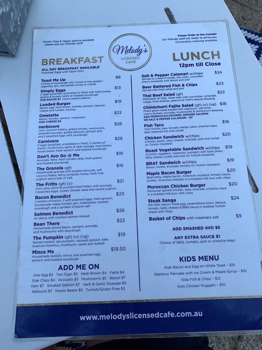 Menu, Melody’s licensed cafe