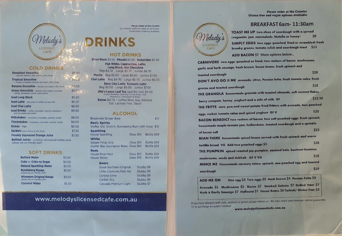 Menu, Melody’s licensed cafe