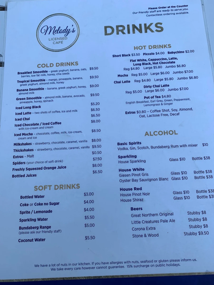 Menu, Melody’s licensed cafe