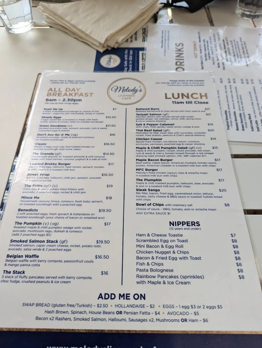 Menu, Melody’s licensed cafe