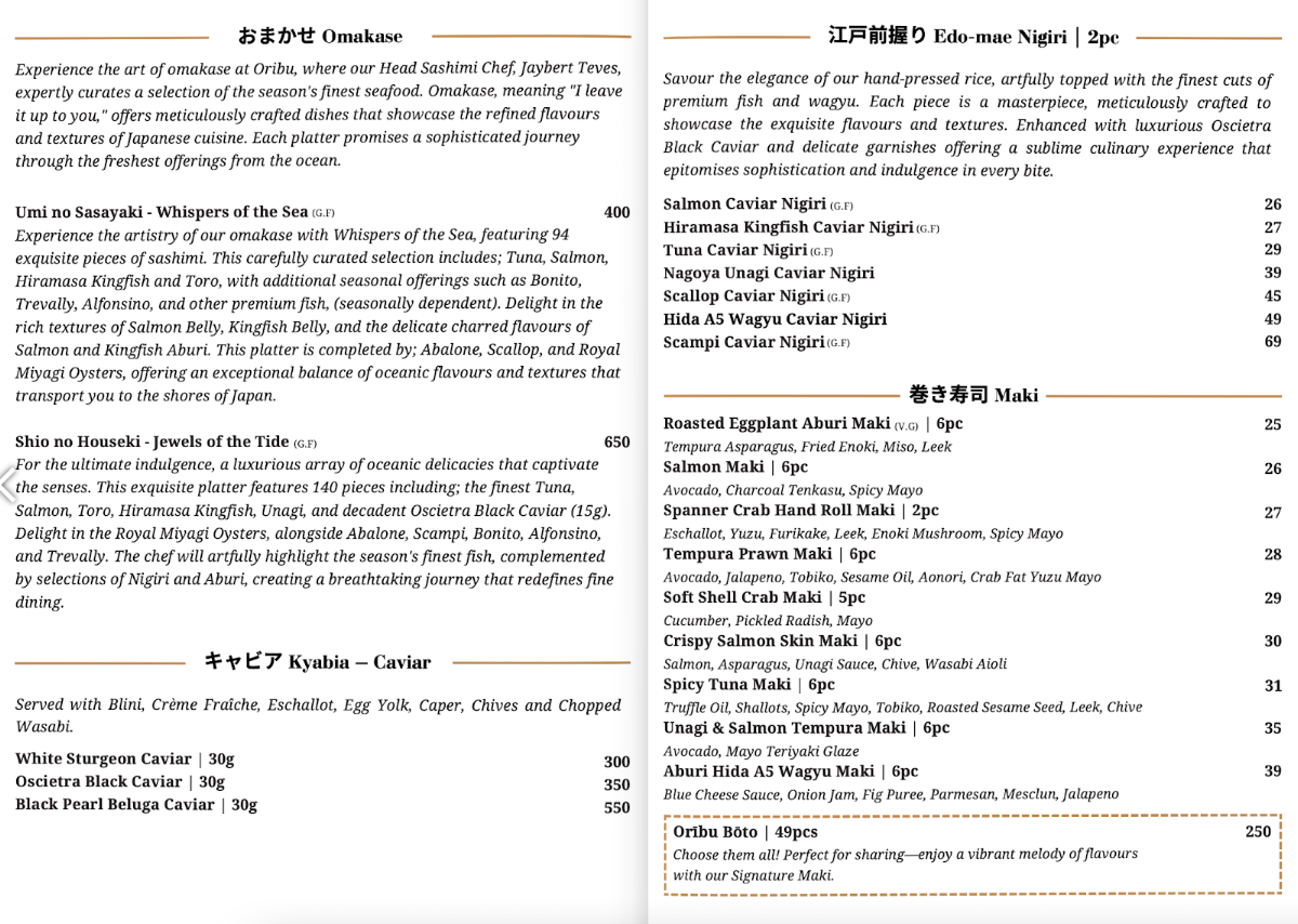 Menu, ORIBU オリーブ