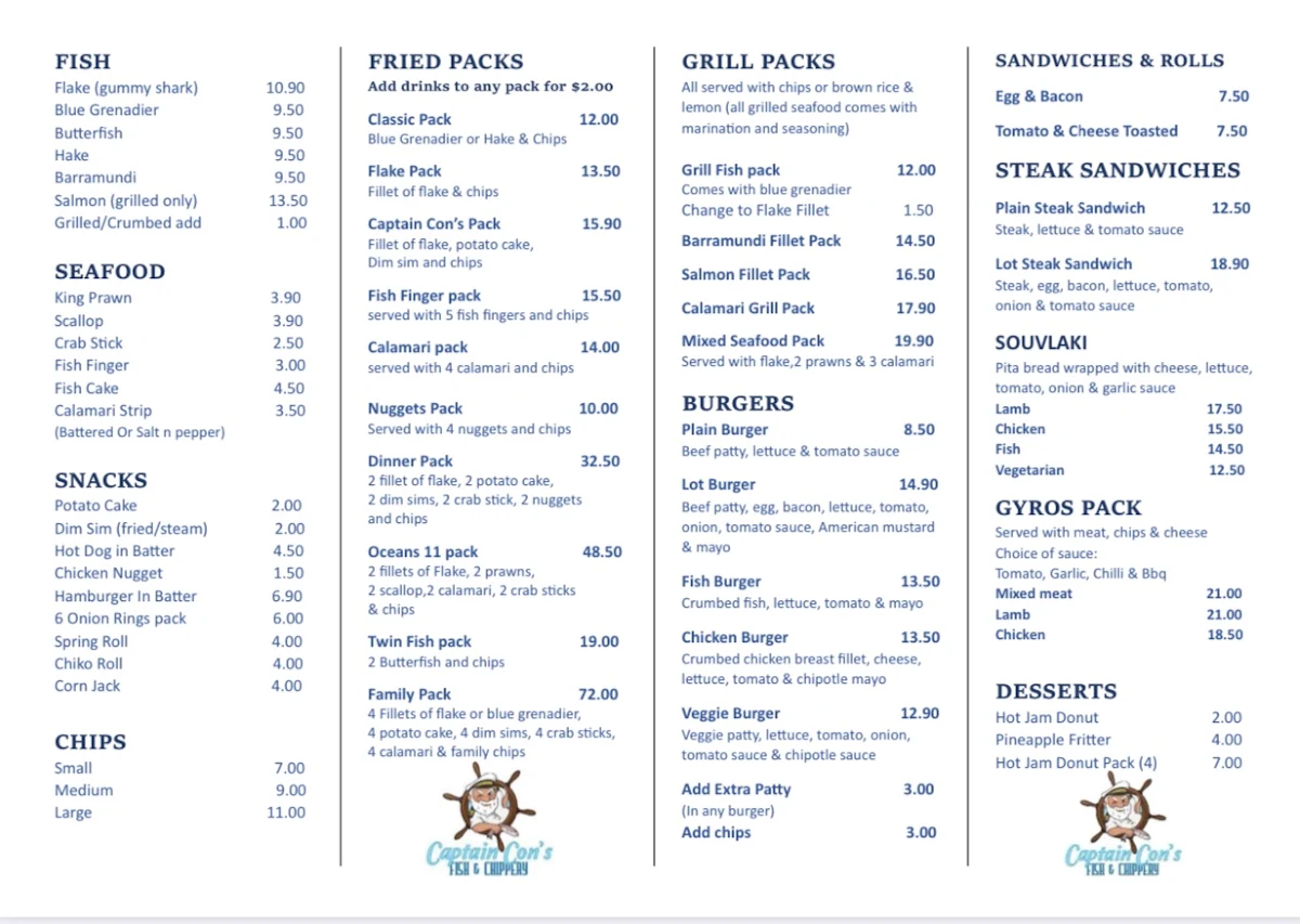 Menu, Captain Con's Fish and Chips