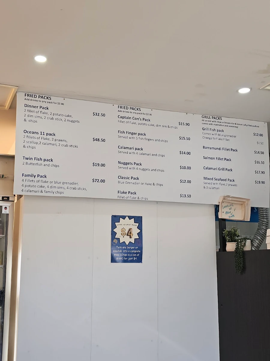 Menu, Captain Con's Fish and Chips