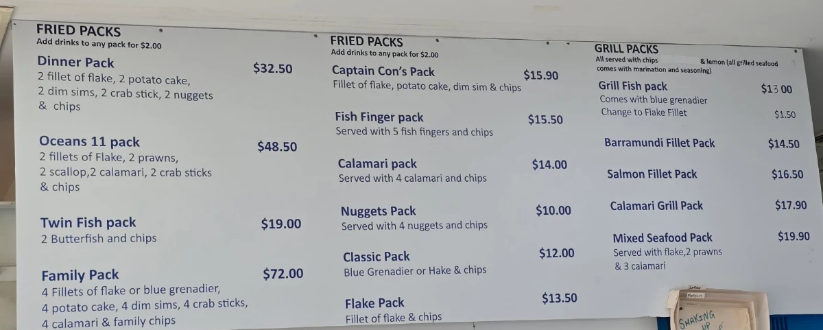 Menu, Captain Con's Fish and Chips
