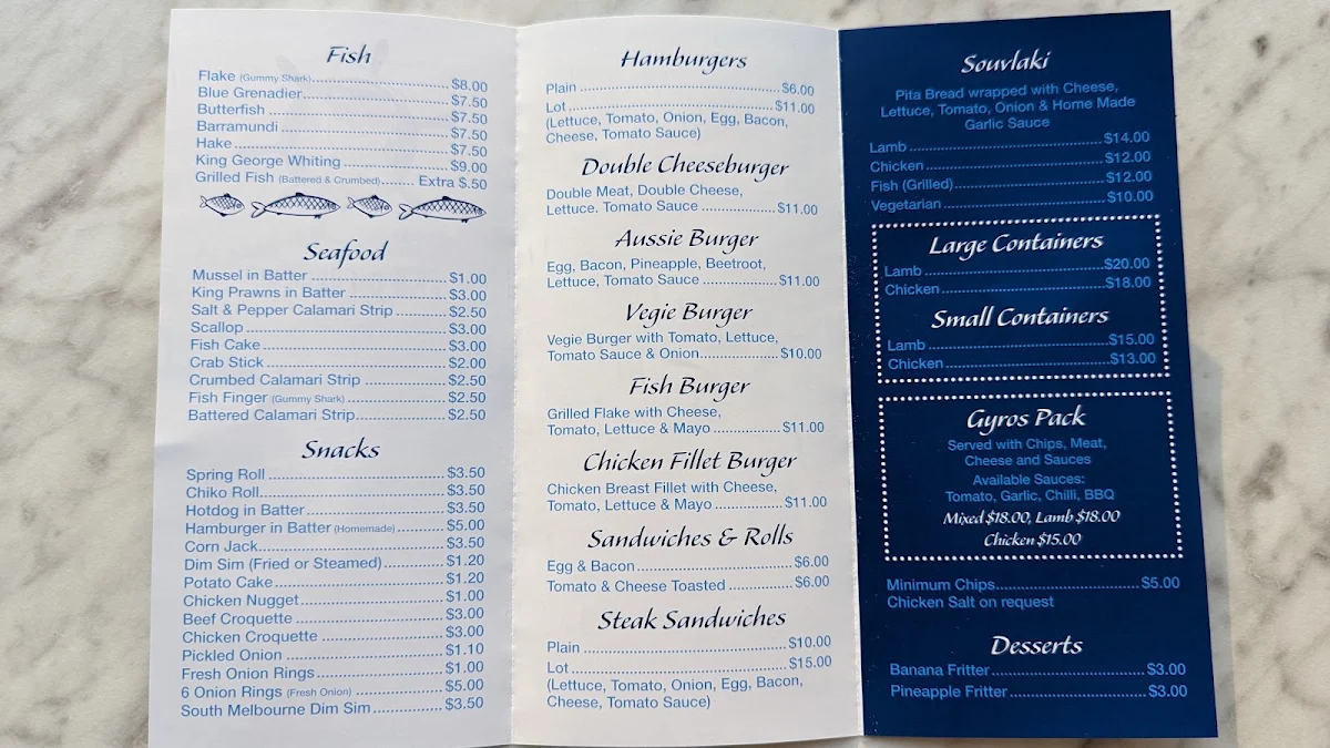 Menu, Captain Con's Fish and Chips