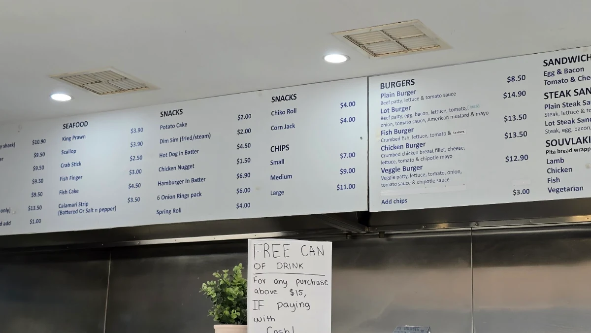 Menu, Captain Con's Fish and Chips