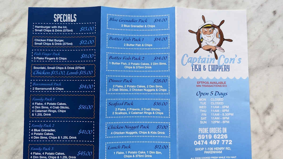 Menu, Captain Con's Fish and Chips