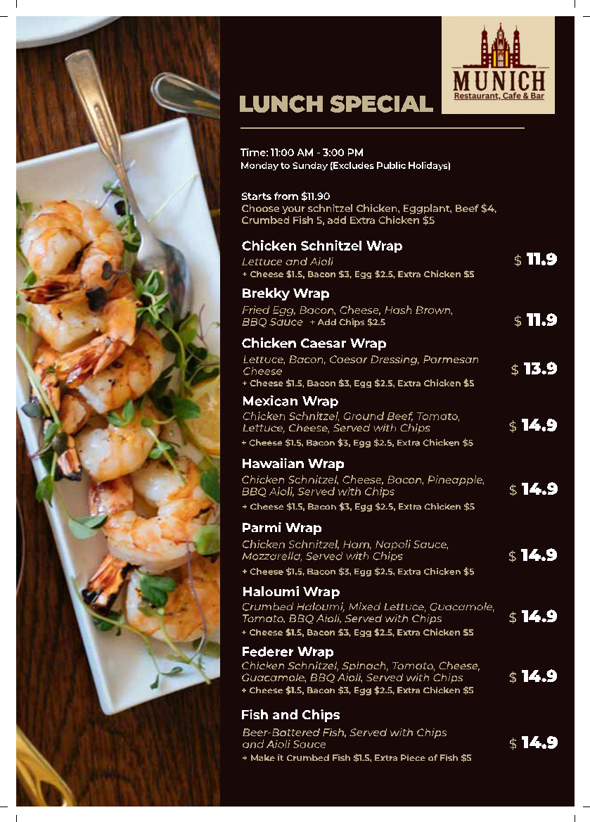 Menu, The Munich Cafe & Restaurant Golden Grove