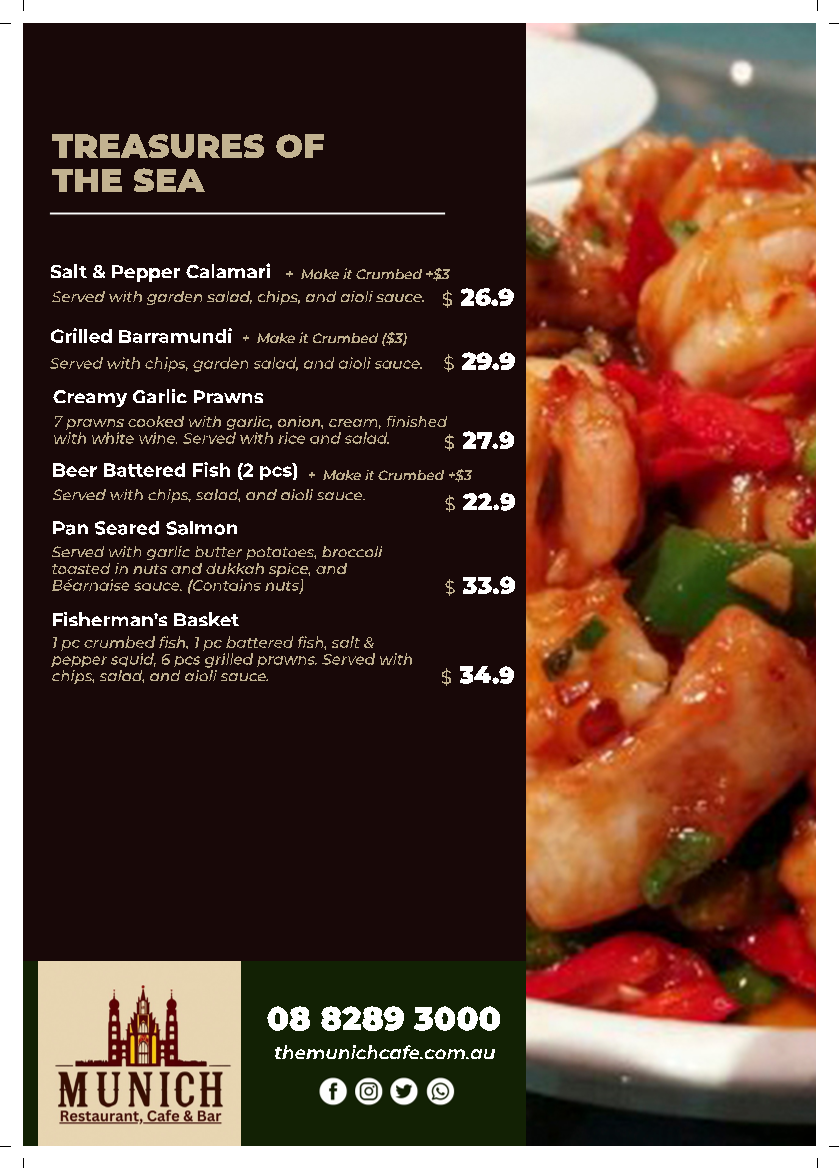Menu, The Munich Cafe & Restaurant Golden Grove