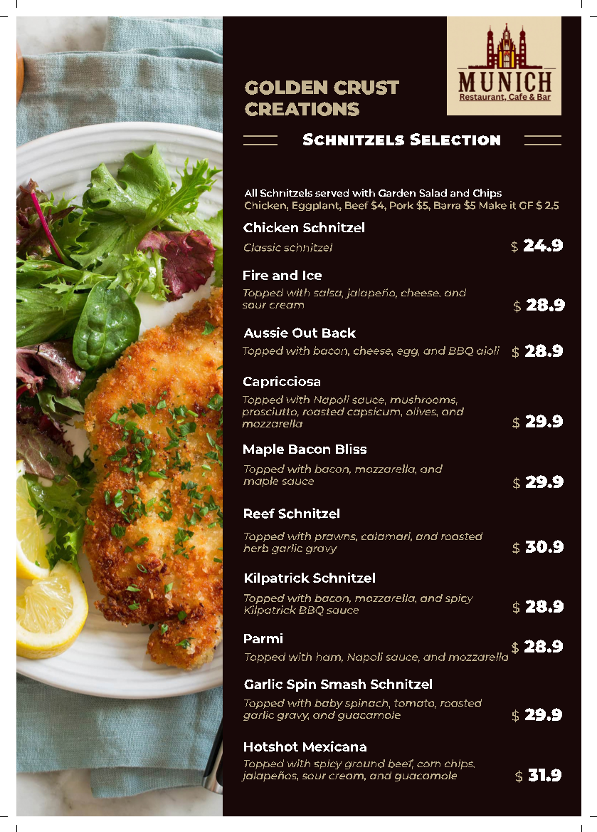 Menu, The Munich Cafe & Restaurant Golden Grove