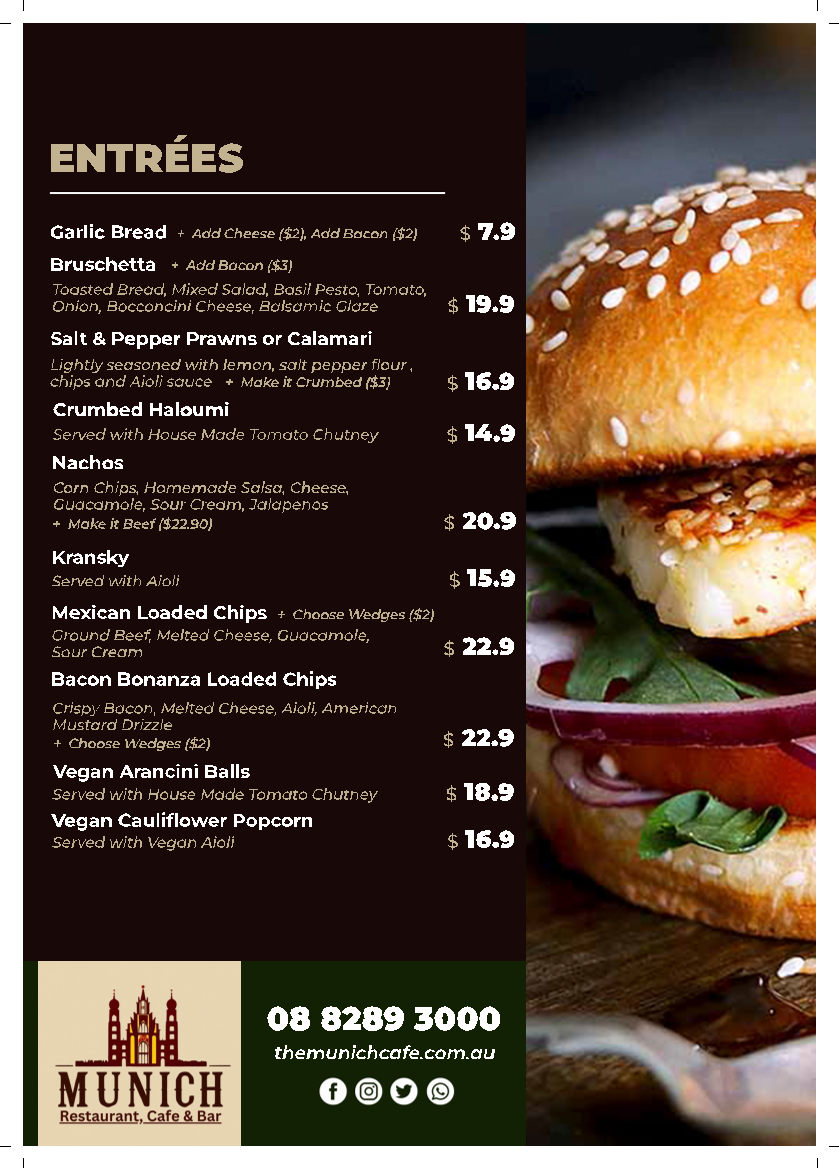 Menu, The Munich Cafe & Restaurant Golden Grove