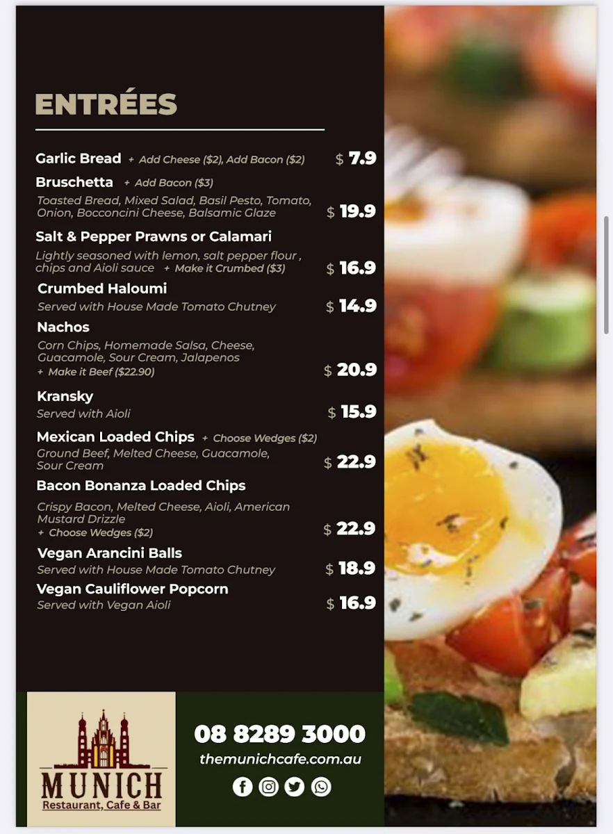 Menu, The Munich Cafe & Restaurant Golden Grove