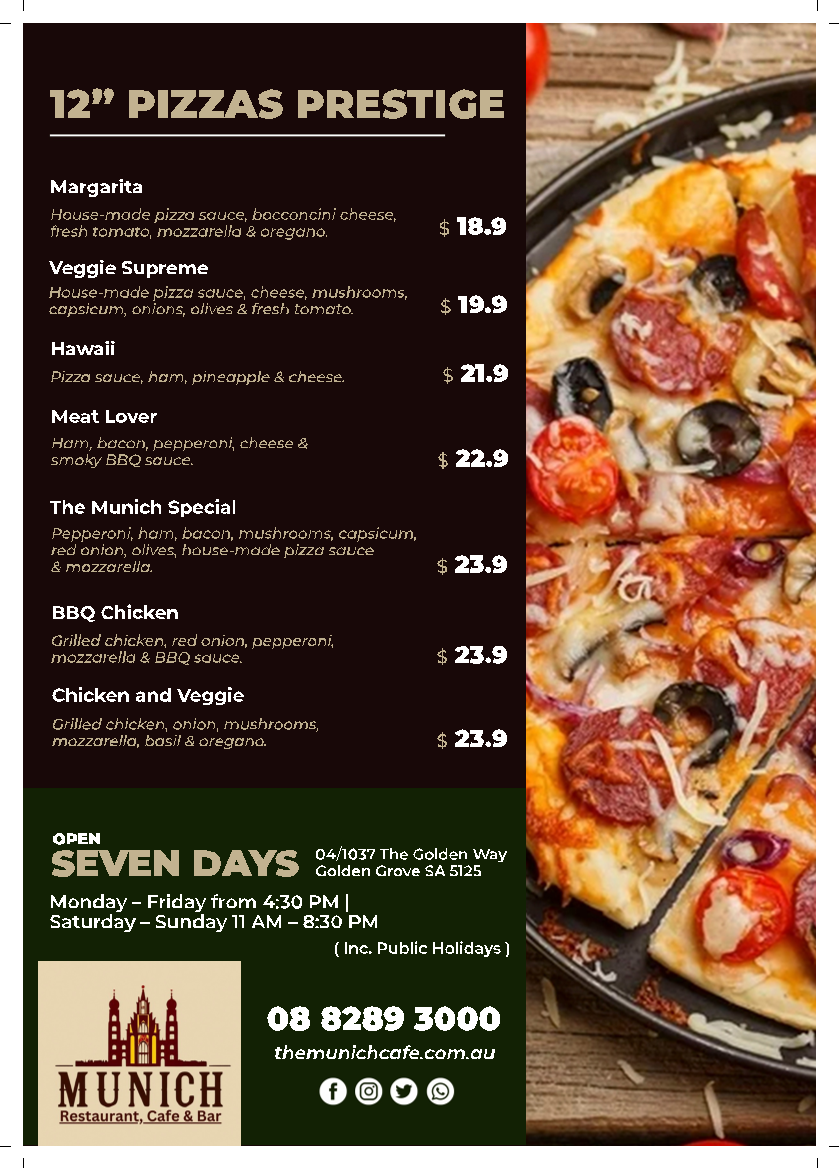 Menu, The Munich Cafe & Restaurant Golden Grove