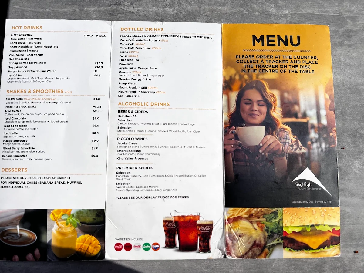 Menu, SkyHigh Mount Dandenong