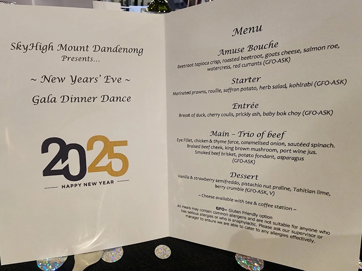 Menu, SkyHigh Mount Dandenong