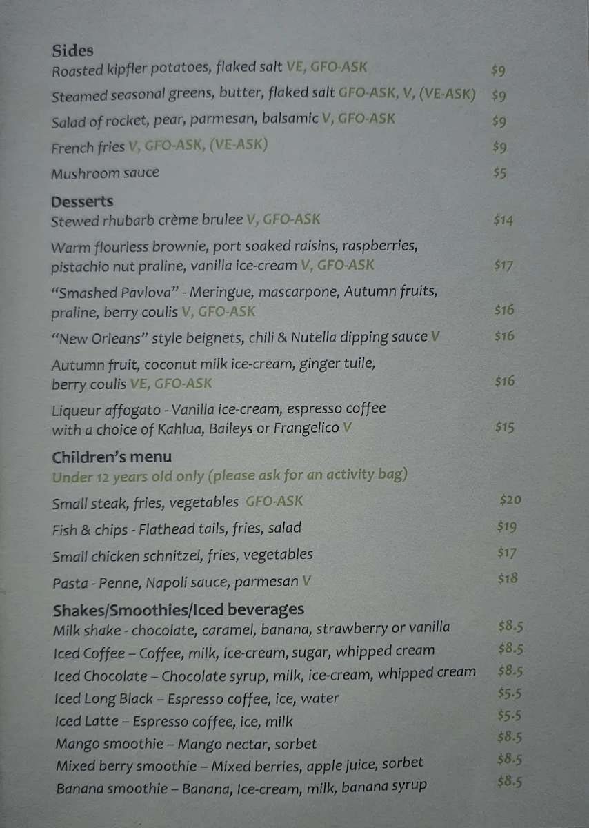 Menu, SkyHigh Mount Dandenong