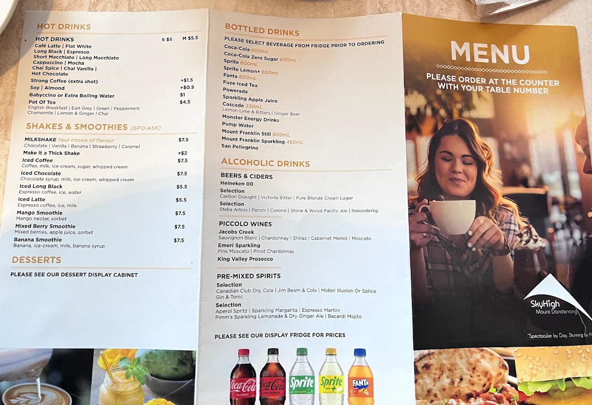 Menu, SkyHigh Mount Dandenong