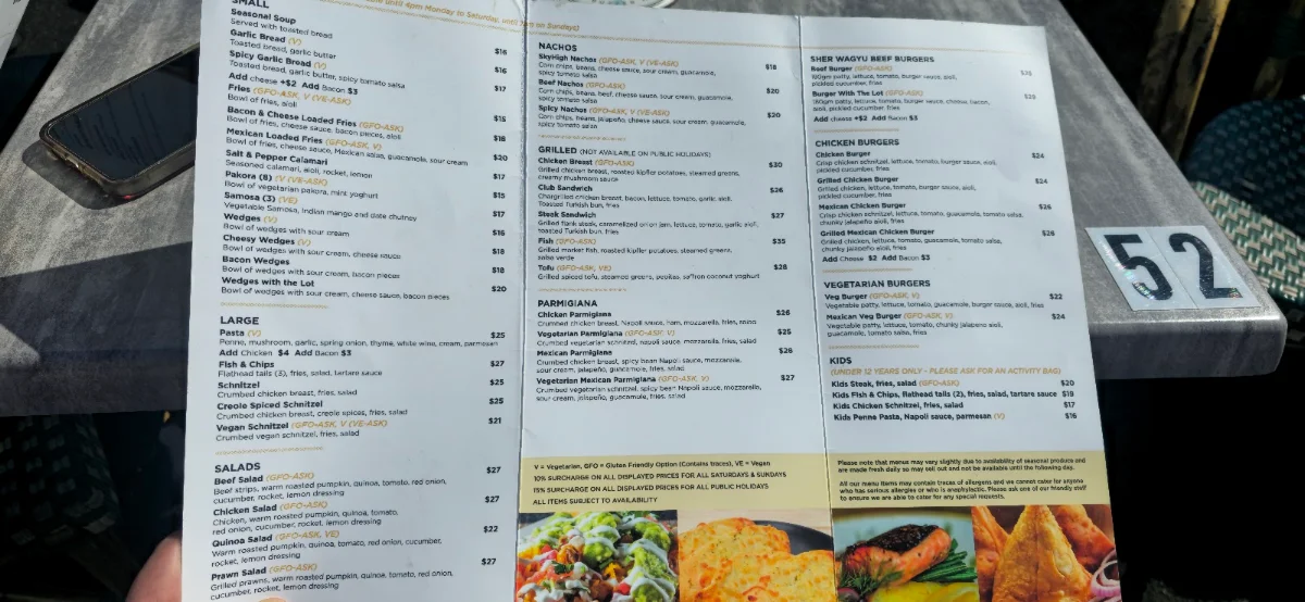 Menu, SkyHigh Mount Dandenong