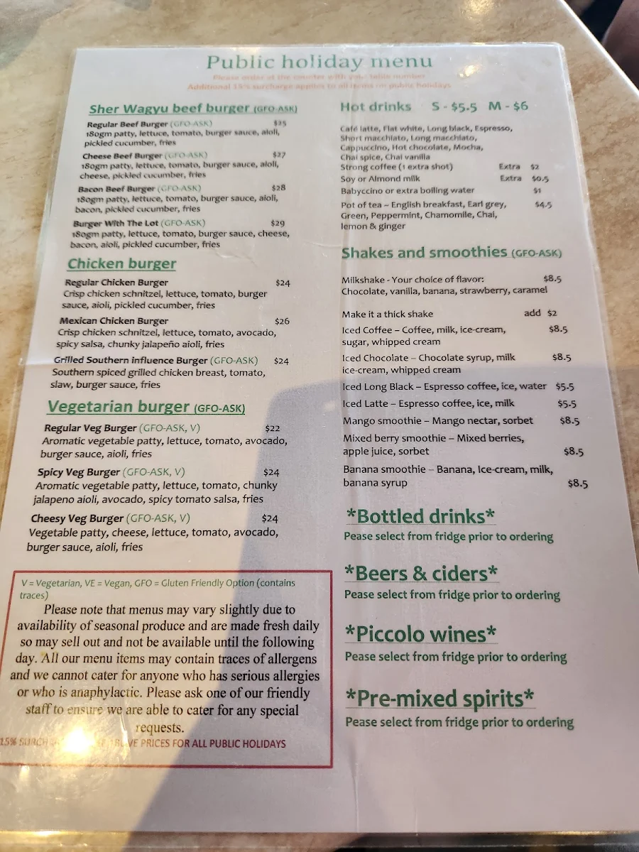 Menu, SkyHigh Mount Dandenong