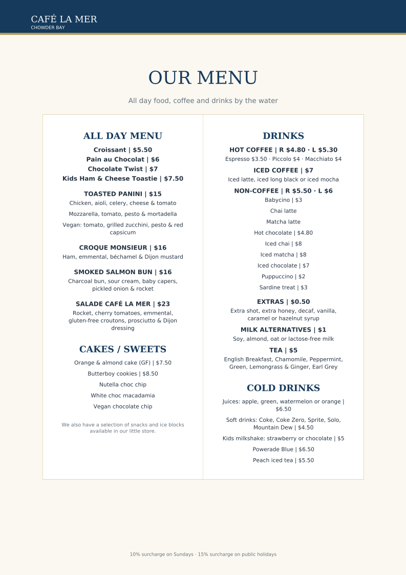 Menu, Cafe La Mer Chowder Bay