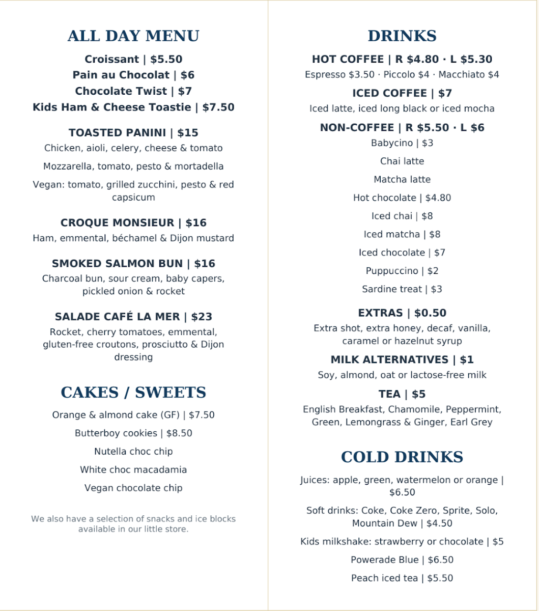 Menu, Cafe La Mer Chowder Bay