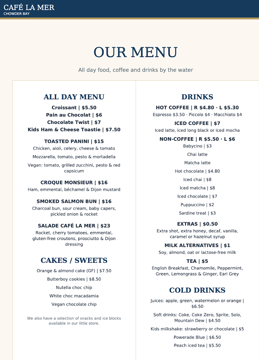 Menu, Cafe La Mer Chowder Bay