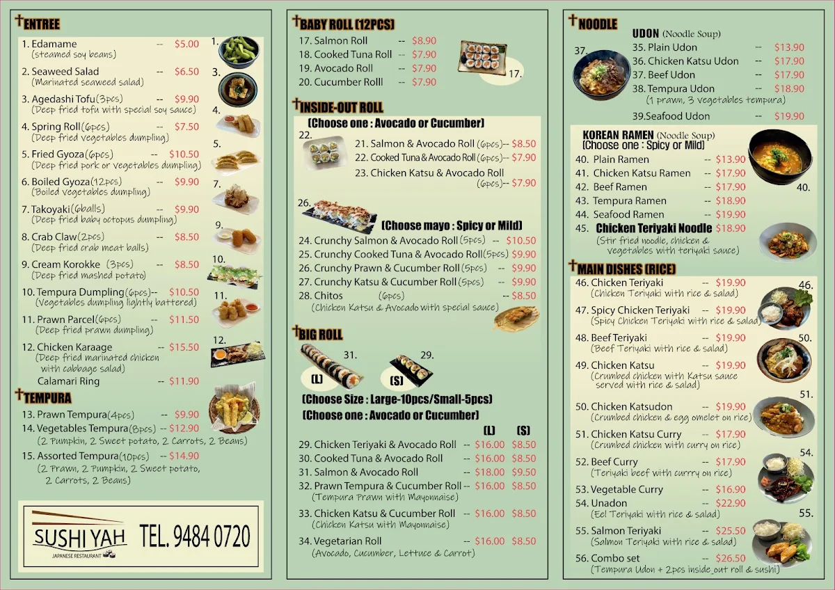 Menu, Sushi Yah