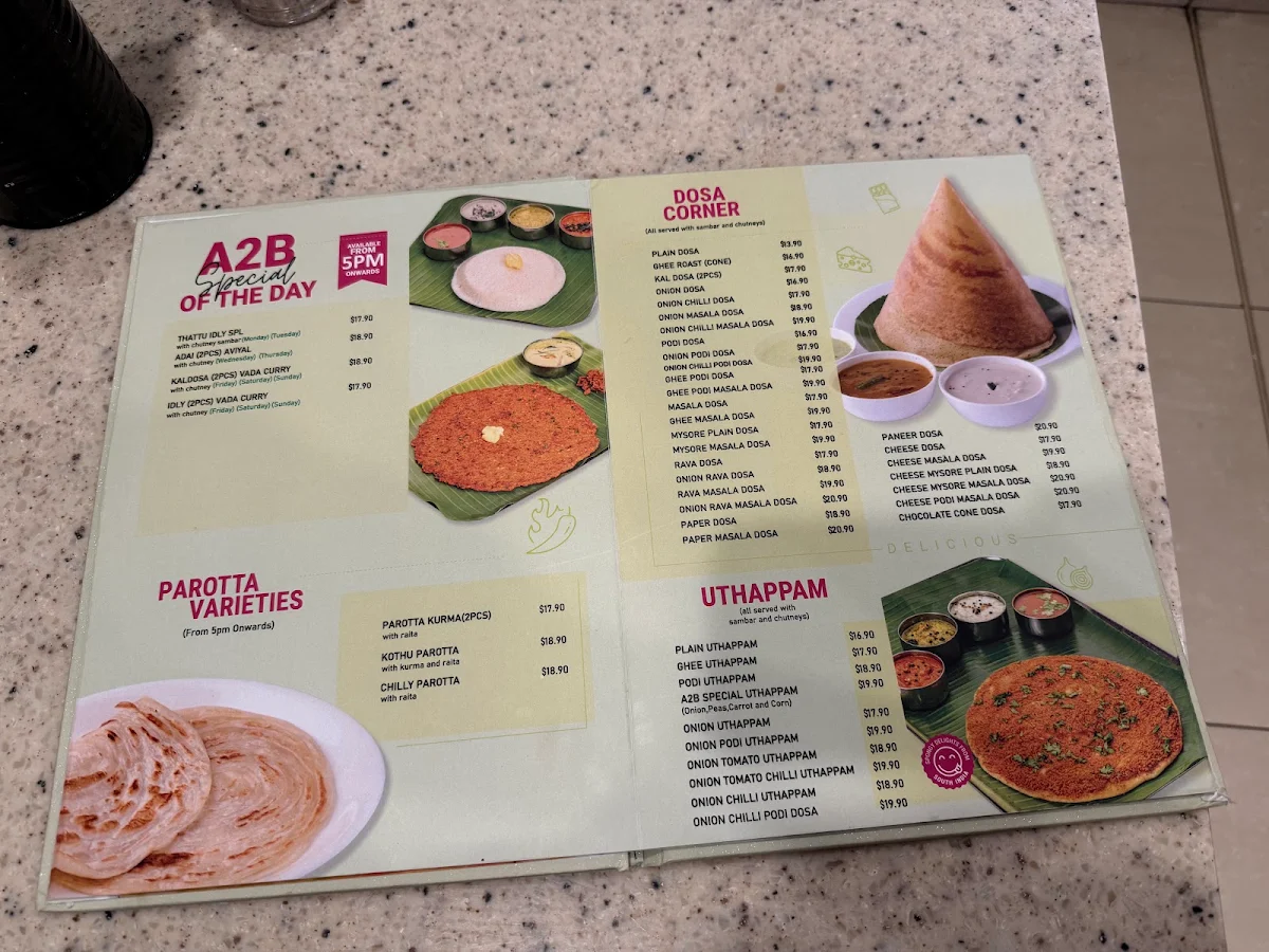 Menu, Adyar Ananda Bhavan, Sydney (A2B Sydney)