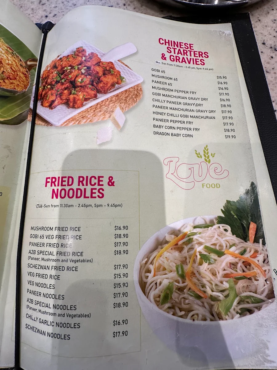 Menu, Adyar Ananda Bhavan, Sydney (A2B Sydney)