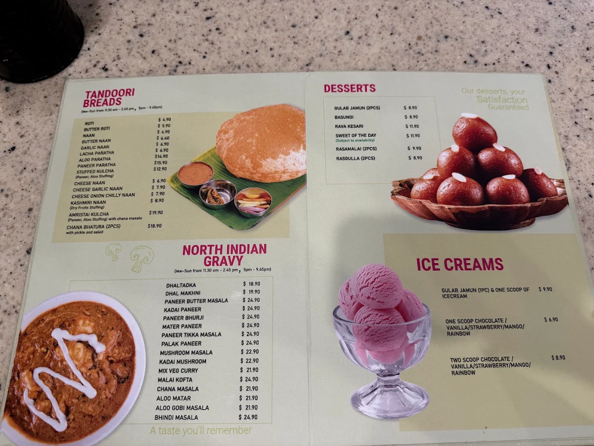 Menu, Adyar Ananda Bhavan, Sydney (A2B Sydney)