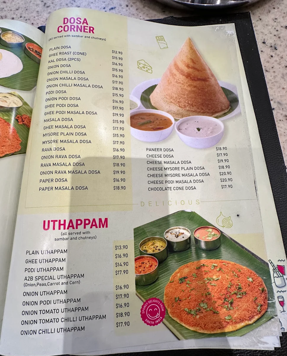 Menu, Adyar Ananda Bhavan, Sydney (A2B Sydney)