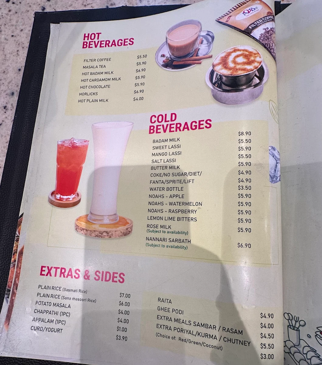 Menu, Adyar Ananda Bhavan, Sydney (A2B Sydney)