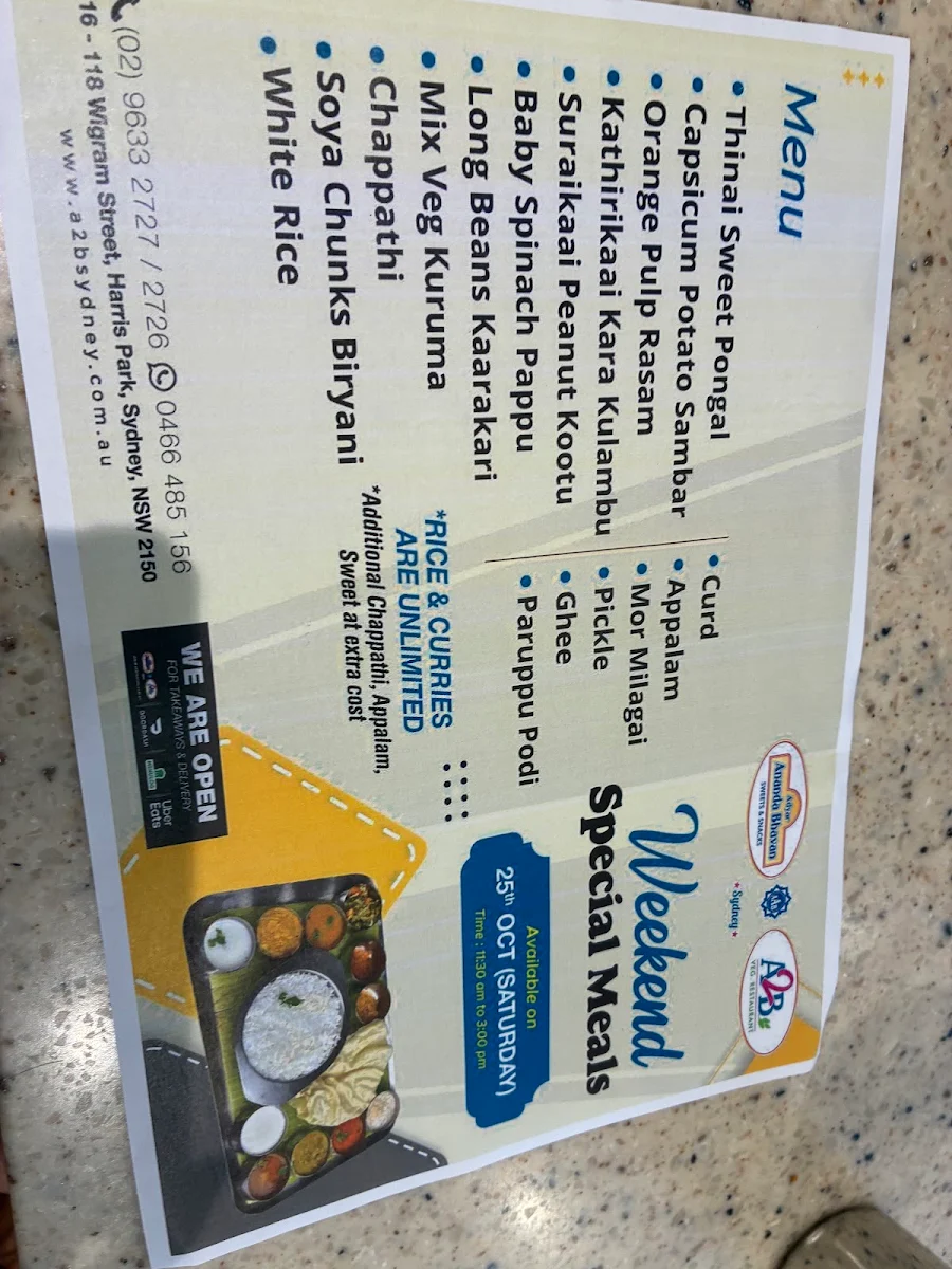 Menu, Adyar Ananda Bhavan, Sydney (A2B Sydney)