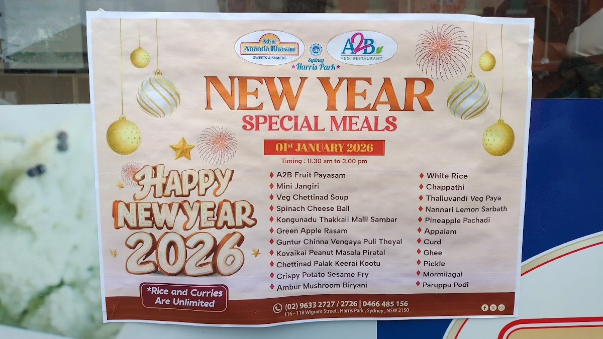 Menu, Adyar Ananda Bhavan, Sydney (A2B Sydney)