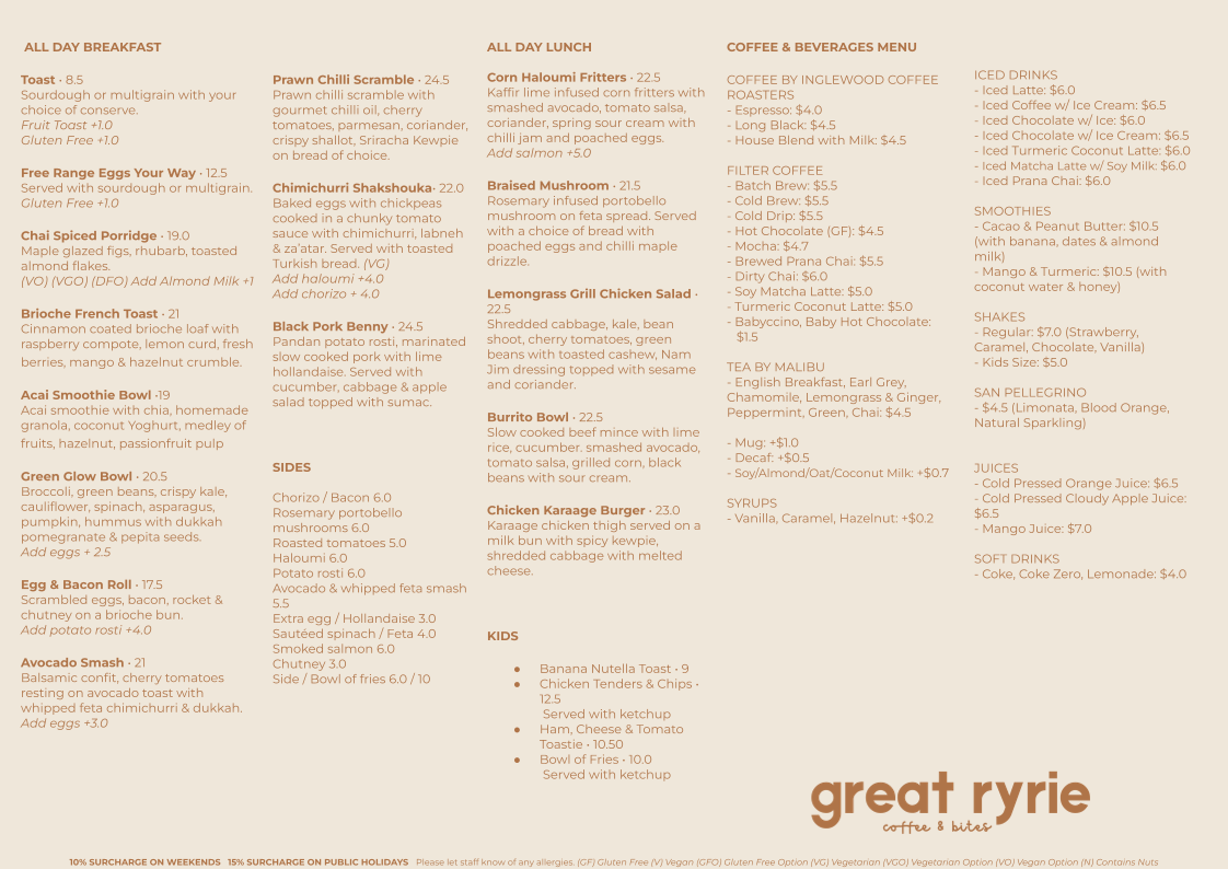 Menu, Great Ryrie Cafe'