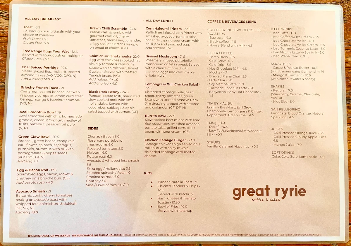 Menu, Great Ryrie Cafe'