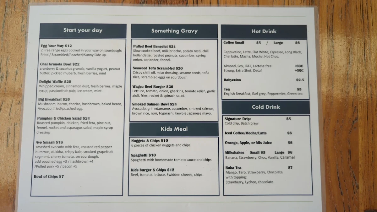 Menu, Great Ryrie Cafe'