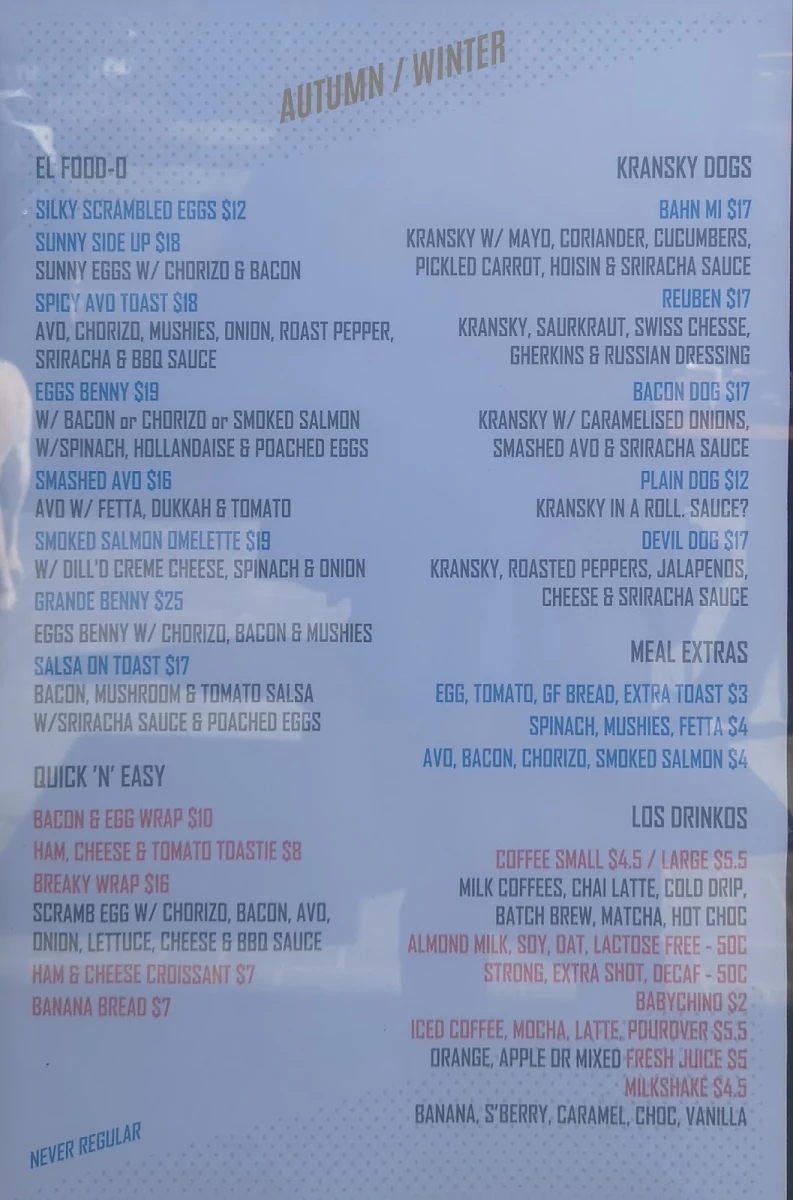 Menu, Great Ryrie Cafe'