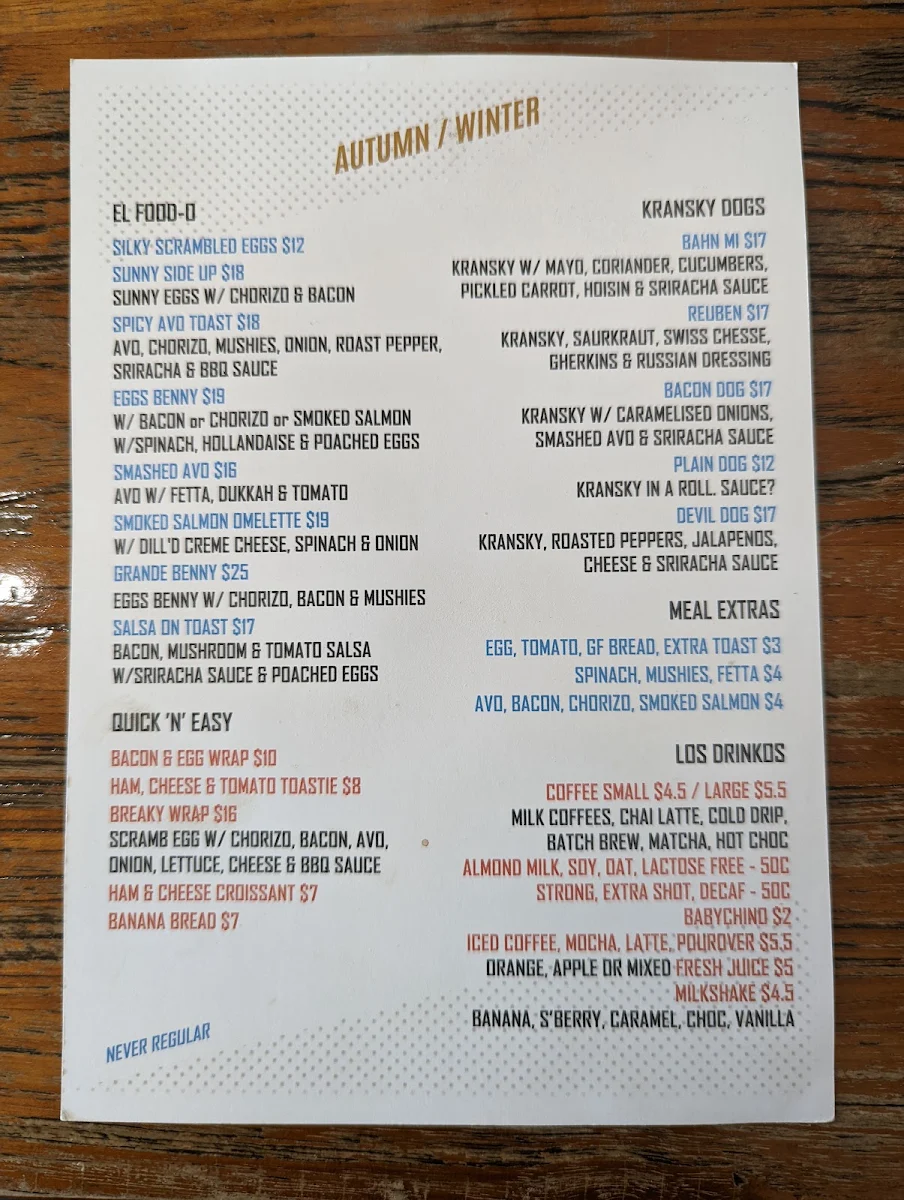 Menu, Great Ryrie Cafe'