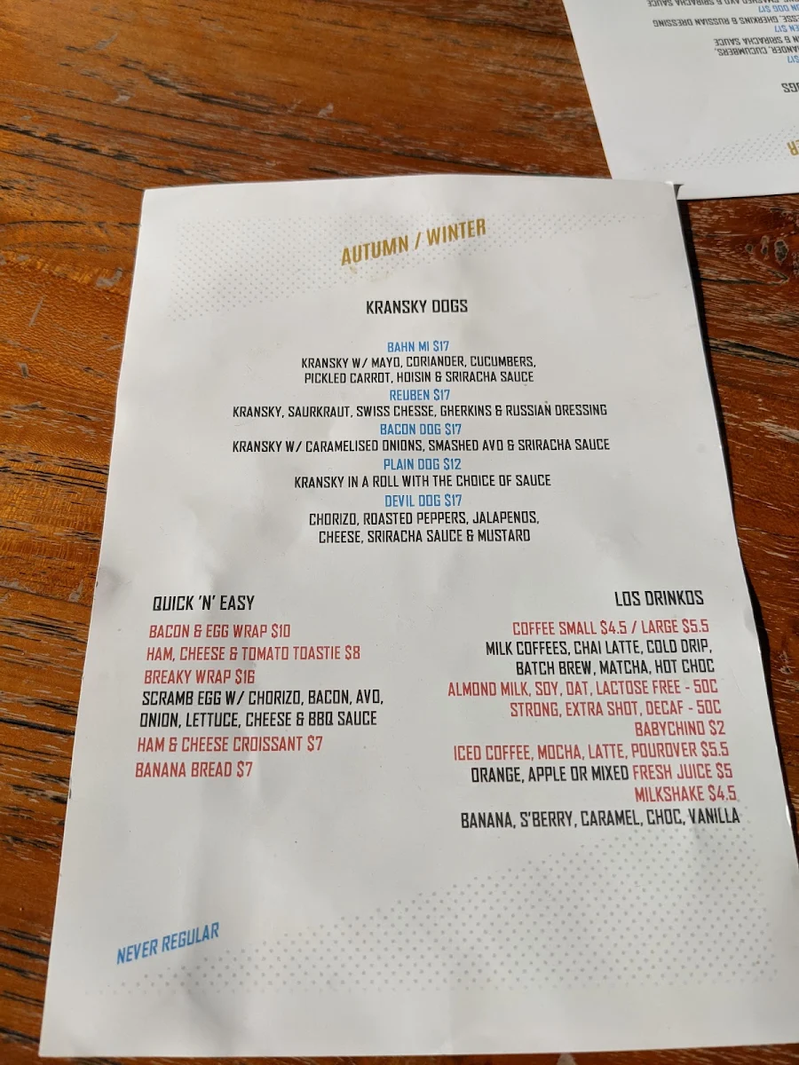 Menu, Great Ryrie Cafe'