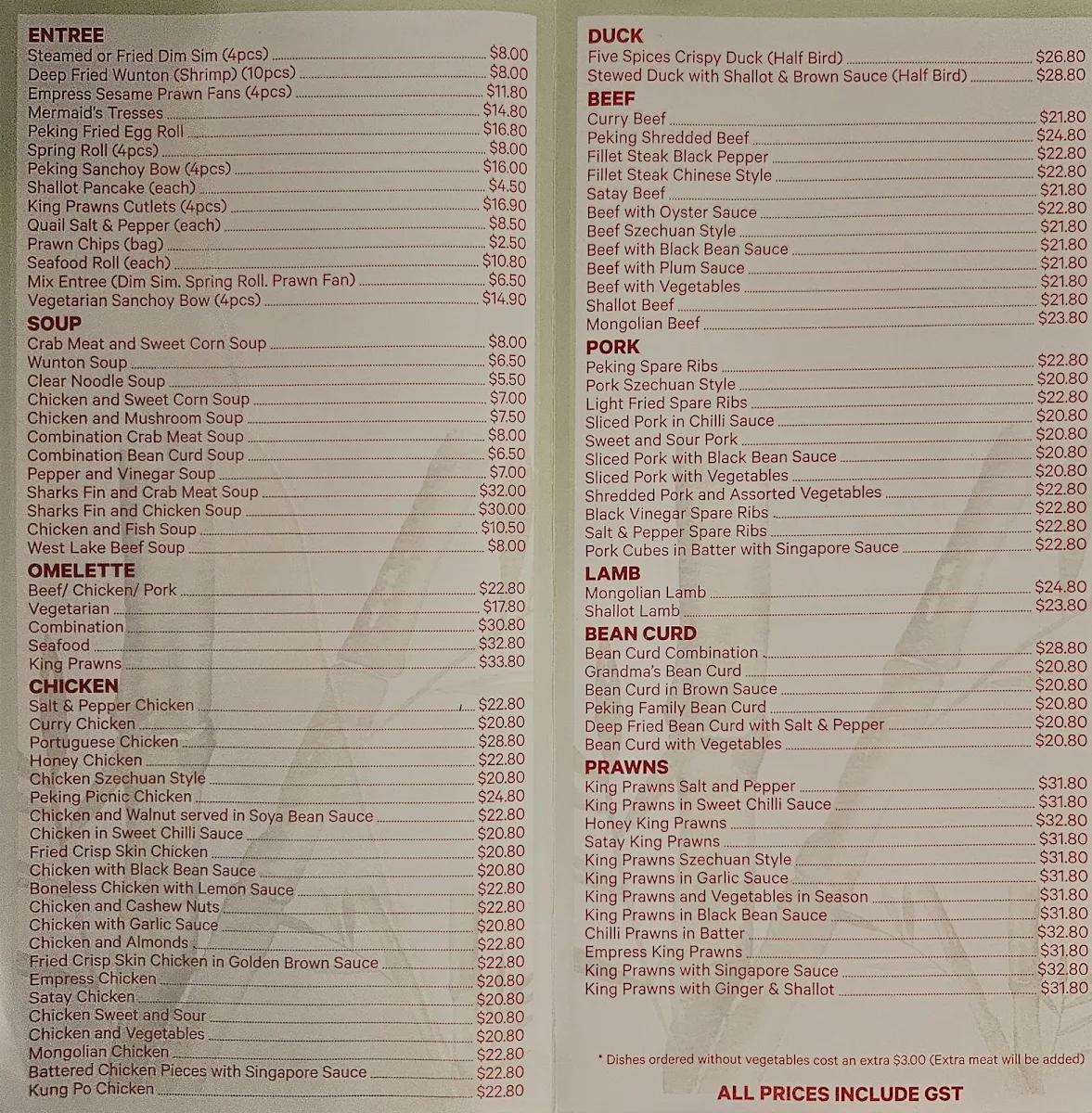 Menu, Billy's Pine and Bamboo Restaurant