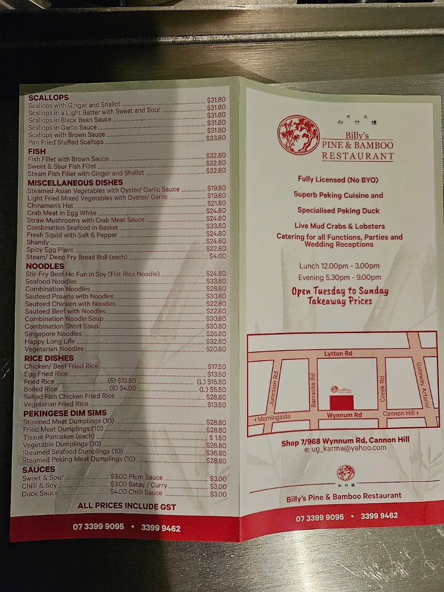 Menu, Billy's Pine and Bamboo Restaurant