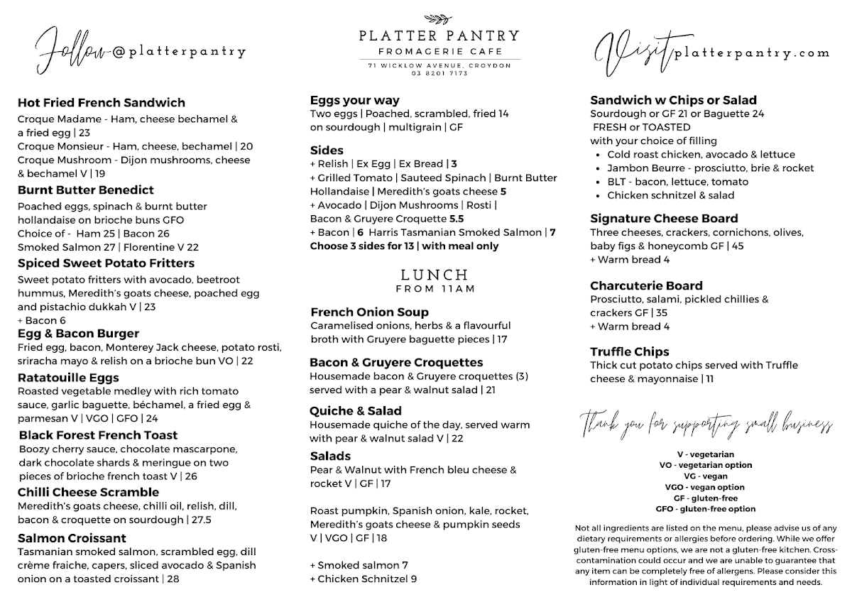 Menu, Platter Pantry