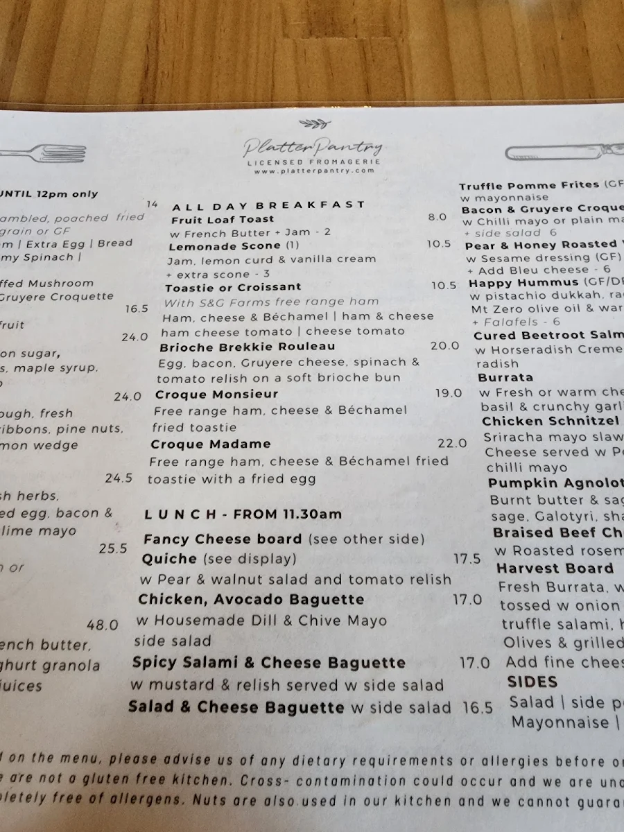 Menu, Platter Pantry