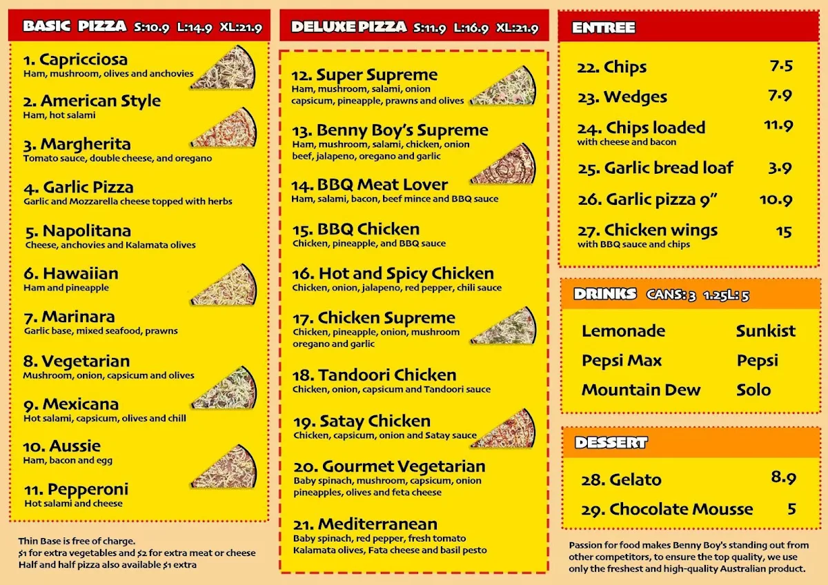 Menu, Benny Boy's Pizza